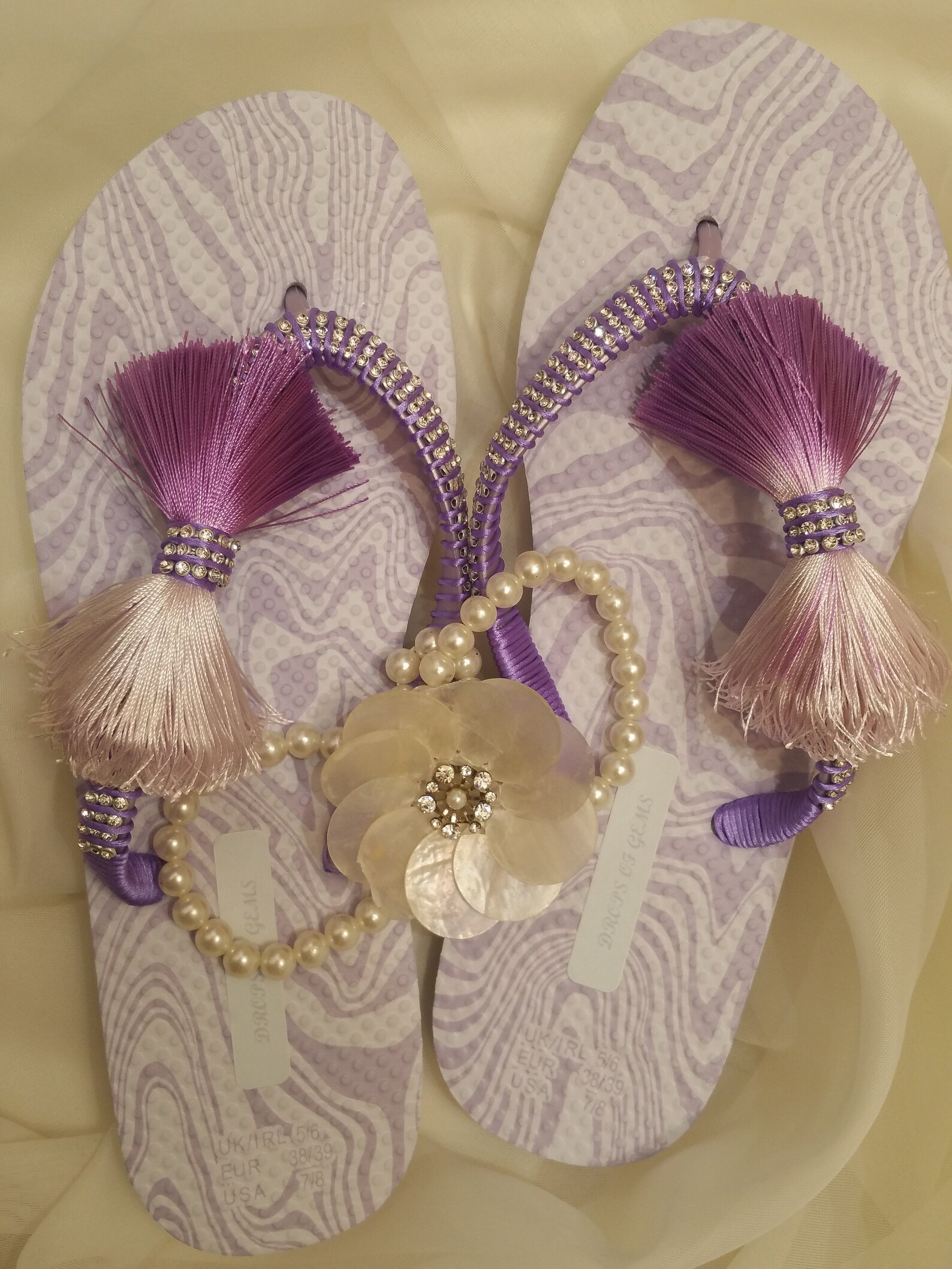 Embellished Flip Flops with Rhinestones and Purple Gradient Colour Pompom