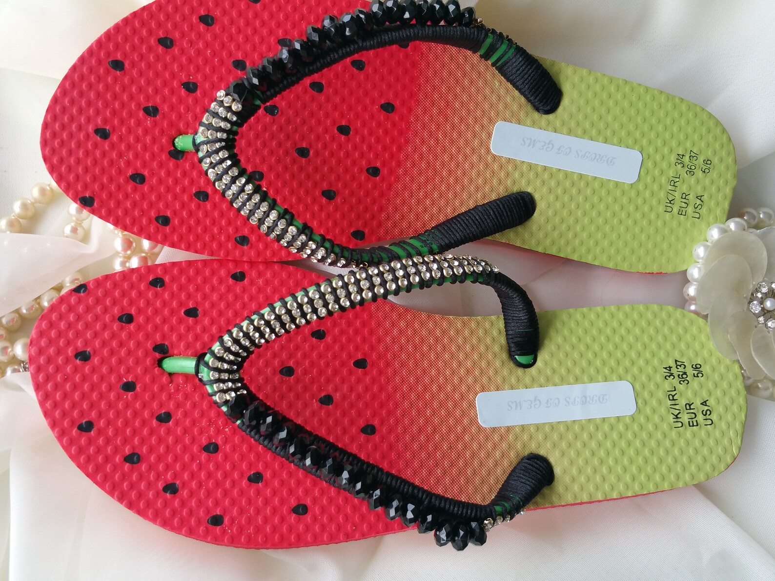Decorated Flip Flops with Crystals Rhinestones and Black Acrylic Beads