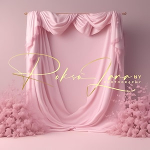 May include: A soft pink backdrop with draped fabric and floral accents. The image features a gold script logo that reads "Rokso Zona Photography NY". The overall aesthetic is elegant and feminine, with a focus on texture and color.