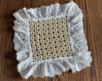 Antique French Square Bobbin Lace Doily