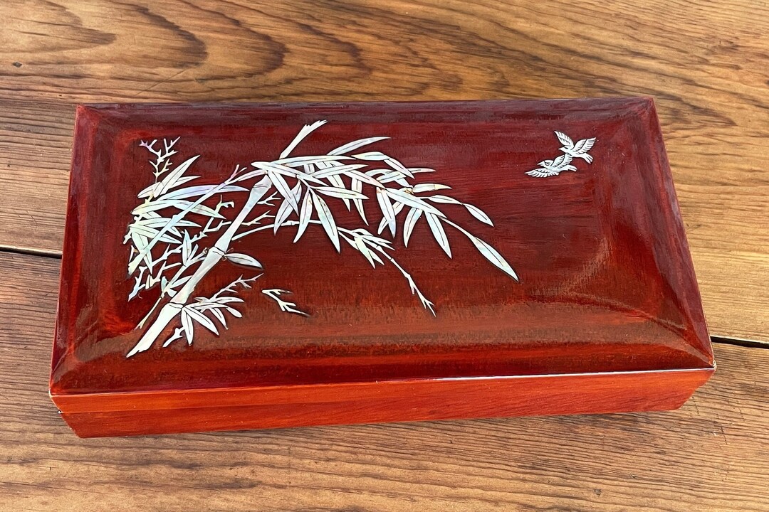 Boîte En Bois Laqué Coréenne Vintage Nacre - Plateau Cendrier Inclus
