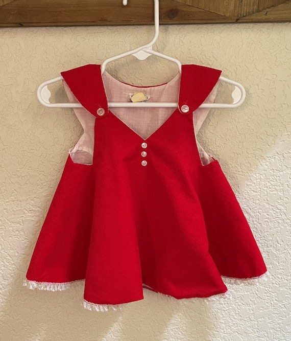 infant red corduroy dress 1970s Bryan Infants Wear Red Corduroy Apron-style Dress With Matching  Diaper Cover