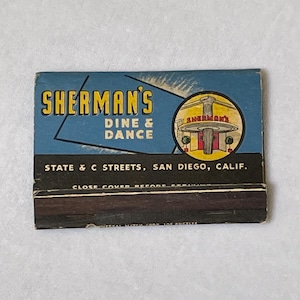 Capa de caixa de fósforos Sherman&#39;s Dine & Dance San Diego da década de 1940
