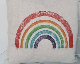Rainbow Cushion, Couch Pillow, Mandalas, Earth, Sea, Bright Hand Drawn Colourful Natural Linen Sofa Throw Hippie Boho Watercolour Art