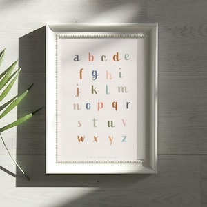 Kleinbuchstabe Druck, pädagogisches abc Kinder Wand Poster, Boho Natürliche Gedeckte Farben, Neutral Regenbogen Kinderzimmer Kinderzimmer Kunst Dekor