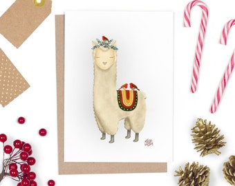 Festive Llama and Robin, Quirky Holiday Greetings Card, Hand Drawn Design by Independent English Artist, Christmas Plantable Seed Card