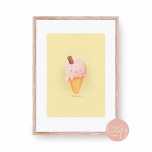 Classic Ice Cream Print, Cone, Flake British Illustration, Fun Kawaii Kids Printable for Children’s Bedroom or Playroom, Shop Cafe Wall Art