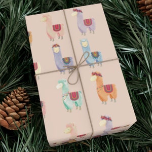 Rainbow Llama Gift Wrap Paper, Colourful Pale Pink Pretty Wrapping Paper, Hand Drawn Llama Illustrations, Bright Festival Llamas Gift Wrap