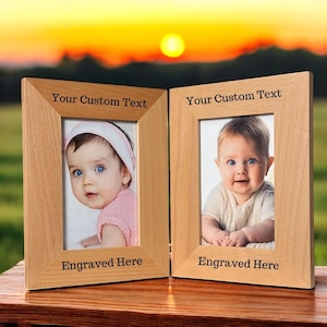 May include: Two wooden picture frames with a light brown finish. Each frame has a space for a 4x6 inch photo and a space for engraved text. The text "Your Custom Text" and "Engraved Here" is visible on the frames.