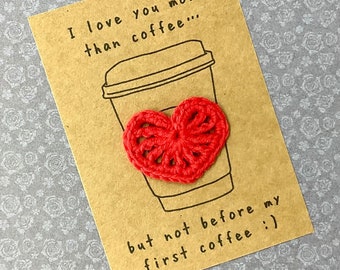 I Love You More Than Coffee - Pocket Hug Gift, I Love You Gift, Crochet Hug Gift | Humour Card, Thinking of You, Anniversary, Family, Hug