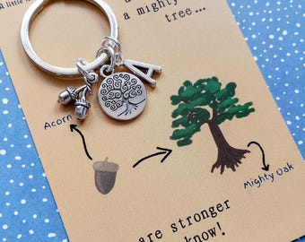 PERSONALISED Acorn & Oak Tree Strength Keyring: Strength Gift with Initial Charm, Encouragement Present, Thoughtful Gift, Empowering Gift
