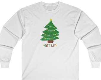 May include: White long-sleeve t-shirt with a green Christmas tree with colorful lights and a yellow star on top. The text "GET LIT" is printed below the tree.