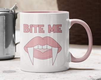Bite Me Vampire Mug | Pink Halloween Coffee Mug