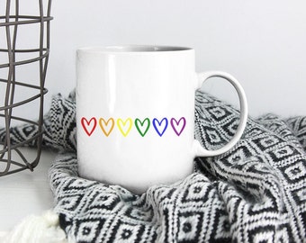 Rainbow Hearts Mug, Pride Coffee Cup, LGBTQ Love Gift, Equality Ceramic Mug