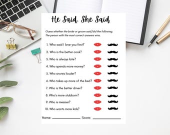 He Said She Said Bridal Shower Game - Instant Download PDF - 5x7