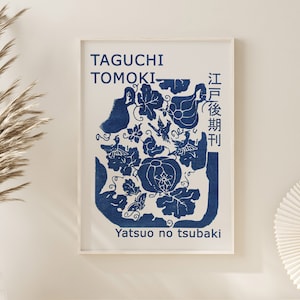 Taguchi Tomoki Japanese Wall Print, Yatsuo no tsubaki Woodblock Poster, Blue White Beige Art Poster, Vintage Minimalist Poster, High Quality