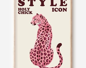 Pink Leopard Wall Art, Preppy Room Decor, Maximalist Cheetah Print, Trendy Animal Poster