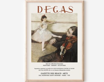 May include: A vintage poster advertising an exhibition of paintings, drawings, and sculptures by Edgar Degas. The poster features a black and white illustration of a young ballerina being instructed by a man playing a violin. The text on the poster reads "DEGAS" in a large, bold font, followed by "dans les collections francaises" and "PEINTURES - DESSINS - SCULPTURES". The poster also includes information about the exhibition, including the dates, times, and location.