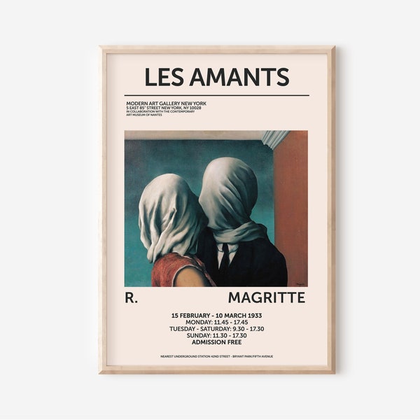 Rene Magritte Art Exhibition Poster, The Lovers 1928 Print, Les Amants Poster, Vintage Art, Abstract Poster, Printable High Quality Art