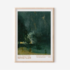 Pode incluir: Uma impressão emoldurada de uma pintura de James Abbott McNeill Whistler intitulada "Nocturno em Preto e Ouro: O Foguete Caindo". A pintura retrata um céu escuro e verde com um foguete amarelo brilhante explodindo à distância. O texto "Nocturno em Preto e Ouro O Foguete Caindo 1875" está impresso abaixo da imagem.