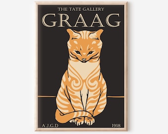 Könnte beinhalten: Ein Vintage-Poster mit einer stilisierten orangefarbenen Katze mit schwarzen Augen und einer schwarzen Nase. Die Katze sitzt mit gekreuzten Pfoten. Das Poster trägt den Text "THE TATE GALLERY GRAAG" oben und "A.J.G.D 1918" unten.