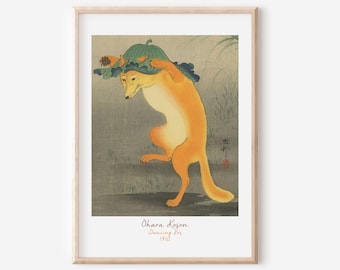 Vintage Japanese Dancing Fox Print, Ohara Koson Japanese Poster, Dancing Fox With Lotus Leaf Hat By Ohara Koson Printable