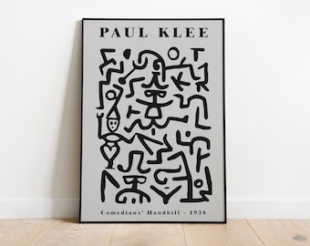 May include: Black and white abstract art print featuring a geometric design with the text "PAUL KLEE" and "Comedians' Handbill - 1938".