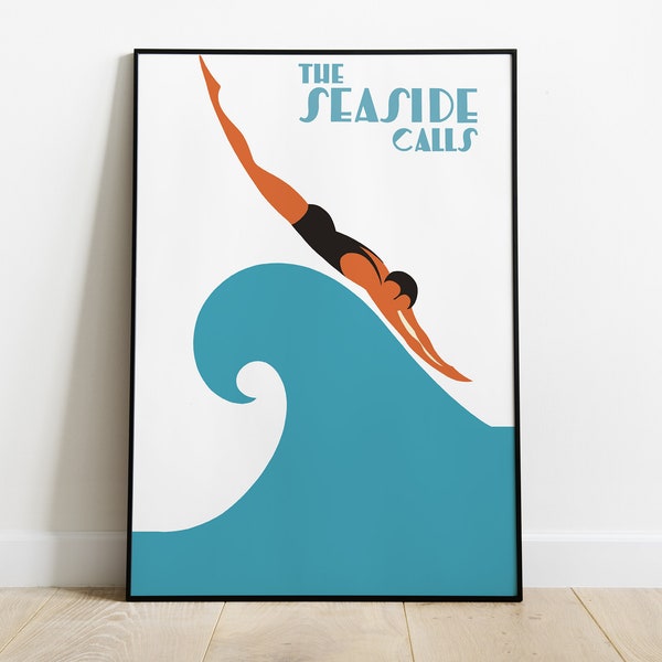 The Seaside Calls Gert Sellheim Poster Australian Vintage Poster Art Deco Style Swimming Art