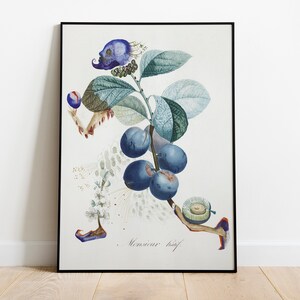 May include: A vintage botanical illustration of a plum tree with blue plums and green leaves. The tree is depicted as a human figure with a face and limbs made of branches and fruit. The text "Monsieur le Chef" is written at the bottom of the image.