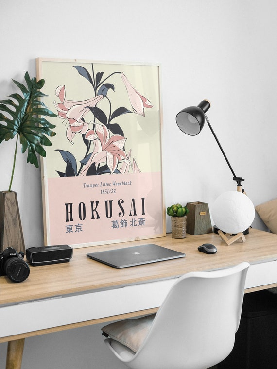 Hokusai Lilies Exhibition Poster: Vintage Japanese Floral Art