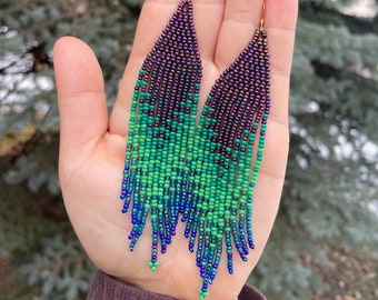 Metallic Purple, Green, & Blue Seed Bead Fringe Earrings