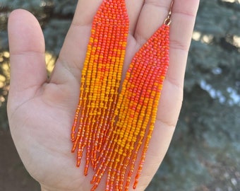 Orange Beaded Fringe Earrings