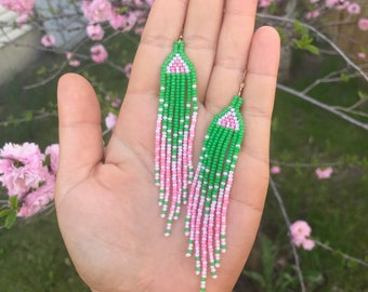 Spring Green & Light Pink Seed Bead Fringe Earrings