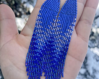 Cobalt Blue Beaded Fringe Earrings