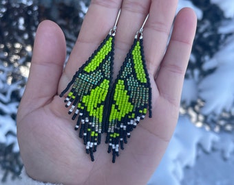 Lime Green Butterfly Wing Beaded Earrings