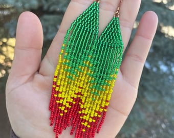 Green, Red, & Yellow Rasta Seed Bead Fringe Earrings