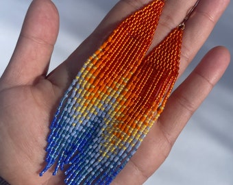 Orange & Blue Sunset Ombré Beaded Fringe Earrings - Large