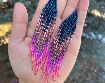 Metallic Blue, Pink, & Purple Seed Bead Fringe Earrings