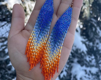 Blue & Orange Sunset Ombré Beaded Fringe Earrings - Large