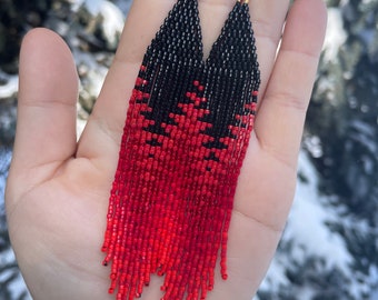 Red & Black Beaded Fringe Earrings
