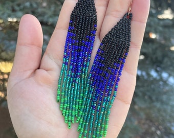 Black, Blue, & Green Seed Bead Fringe Earrings