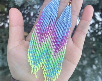 Pastel Beaded Long Fringe Earrings