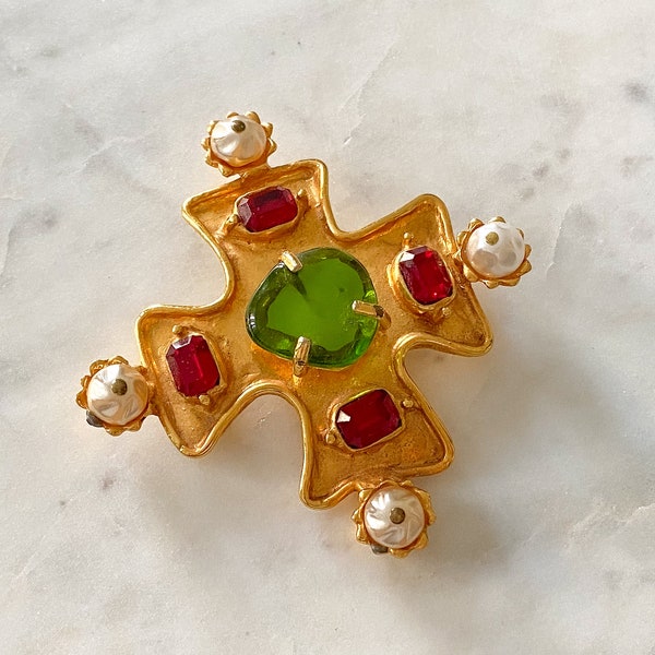 Christian Lacroix maletese cross 24ct gold plated brooch with faux pearls, ruby red crystals and central green cabochon, 1990s