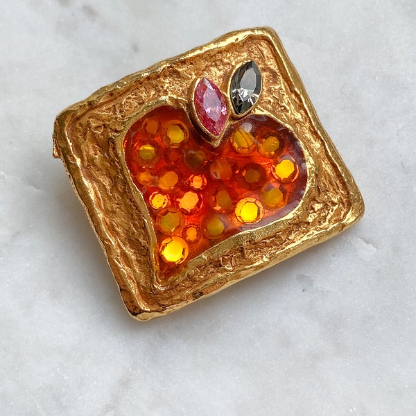 Christian Lacroix square heart brooch, in gold tone with orange enamel and crystals, signed