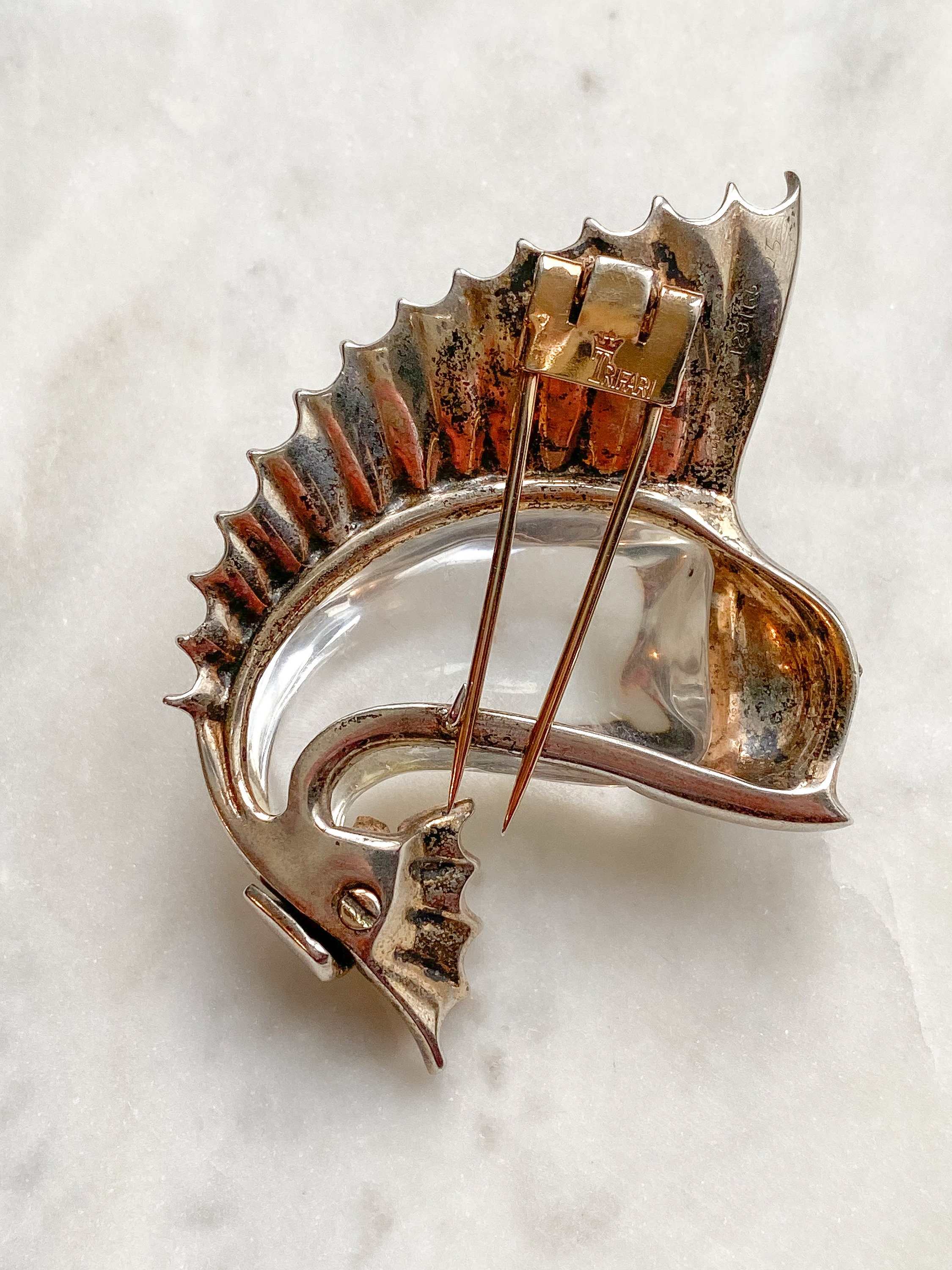 Trifari 1940s Sterling Jelly Belly Sailfish Fur Pin Clip
