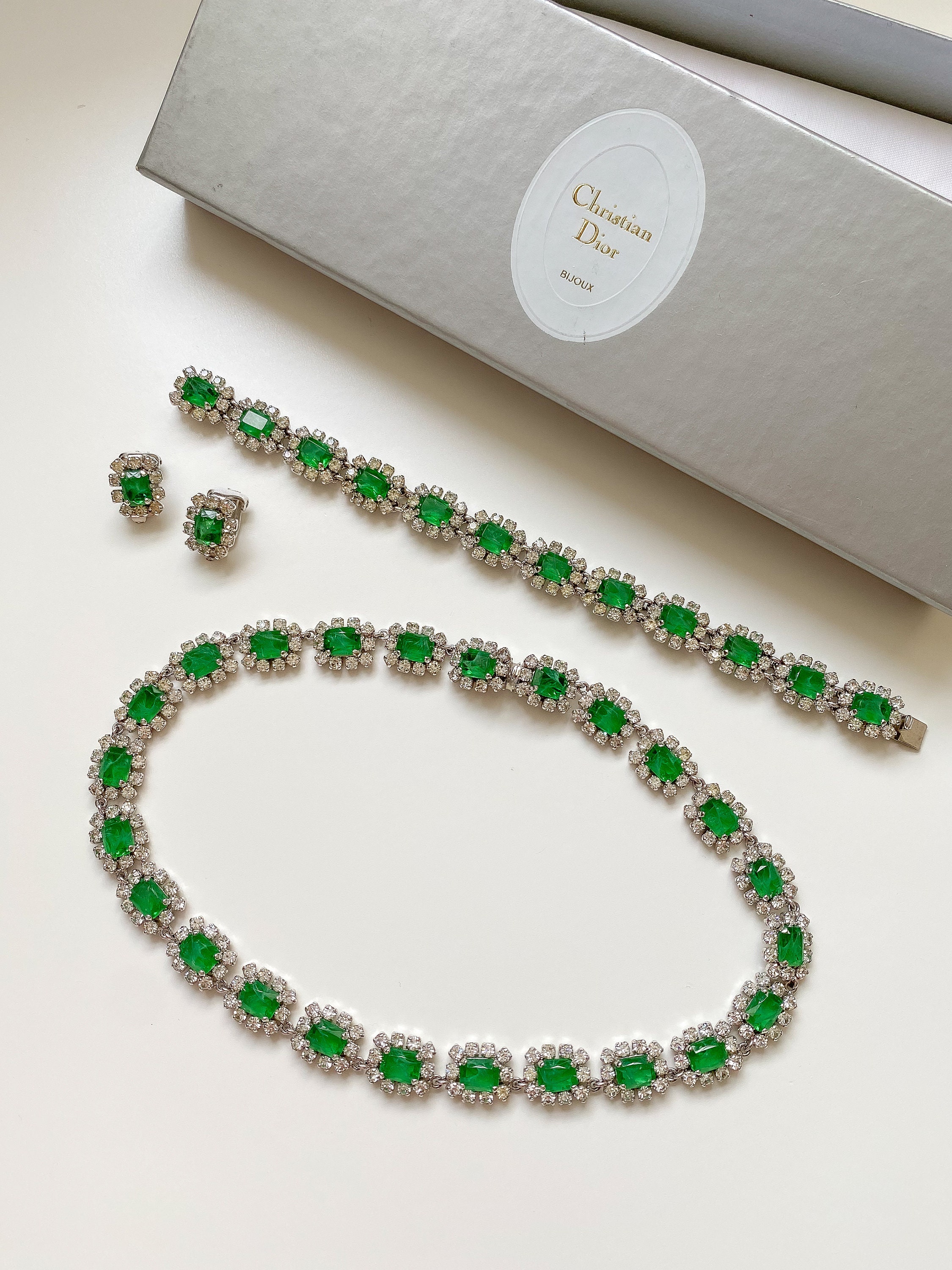 Rare 1976 Christian Dior Emerald Green and Clear Crystal Rare 1976 Christian Dior Emerald Green and Clear Crystal