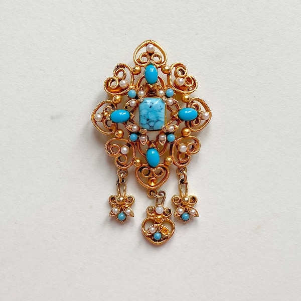 Vintage Florenza turquoise and faux pearl dangling open work brooch, signed