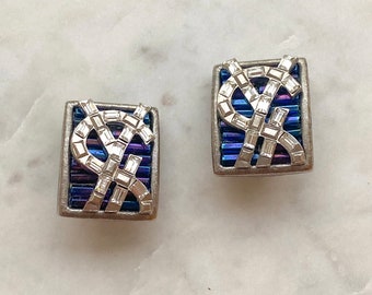 YSL vintage, yves saint laurent silver with clear and navy blue crystals YSL logo clip-on earrings