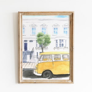Happy Yellow Bus in London Watercolor Painting Print, Art Print, London Painting, Travel Painting, Watercolor