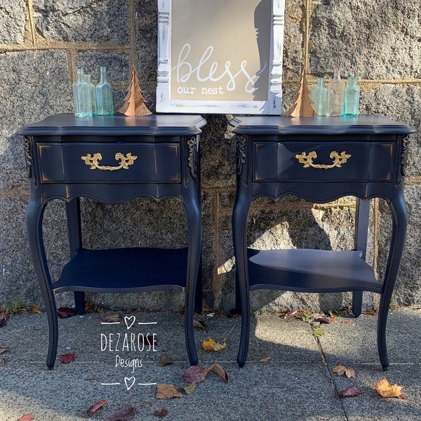 SOLD**SOLD** Custom painted navy blue French provincial nightstands with gold hardware and accents | farmhouse shabby chic furniture